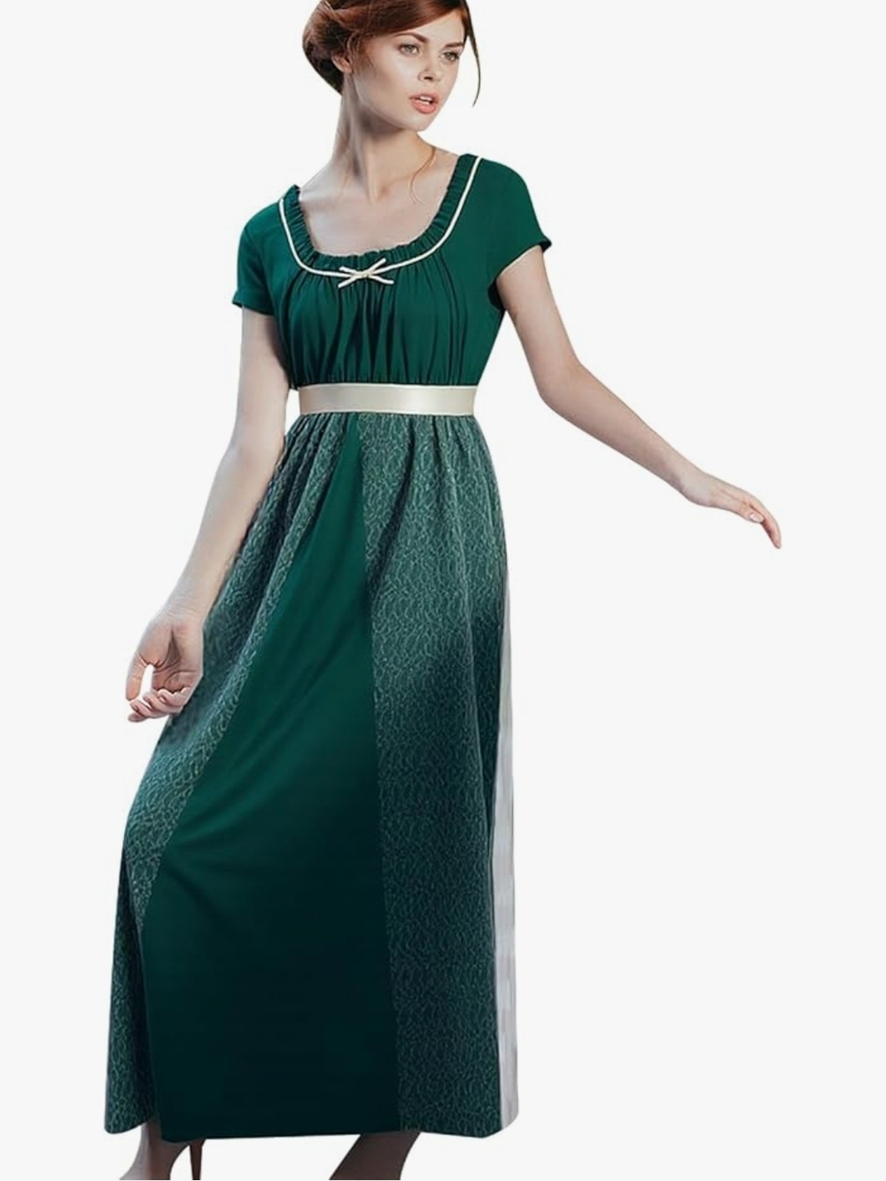Women's Emerald Green Short-Sleeve Maxi Dress with Cream Waist